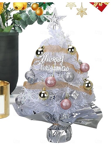  Juletre med lys på bordplate 45 cm, rosa/grønt kunstig juletre, mini, lite juletre, med julekulepynt til innendørs juledekorasjon, DIY-gaver