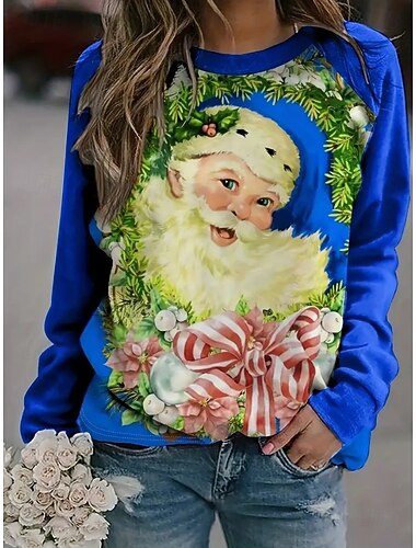  Dame Pullover Grafisk julenissen Jul Fritid Langermet Crew-hals Vanlige topper Avslappet Ferie Trykt mønster Rosa Rød Blå Vår Høst Vinter
