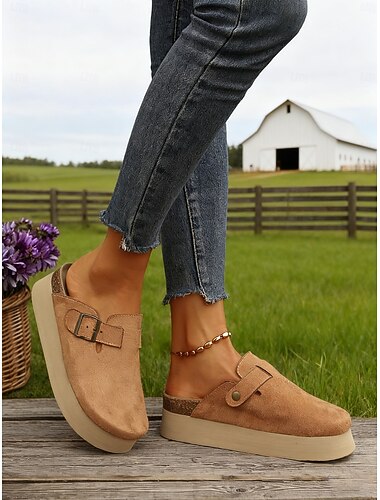  dames platform muiltjes met verstelbare gesp, casual retro boerderijstijl voor dagelijkse outfits