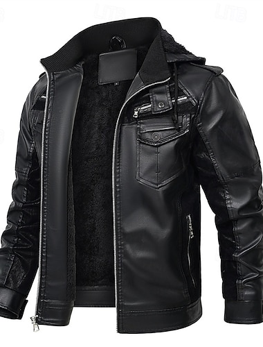  Per uomo Giacca in Ecopelle Giacca in Pile Giacca da Biker Giacca da Moto Vacanza Quotidiano Antivento Caldo Tasca Inverno Semplice Moda Classico Con Cappuccio Regolare Nero Giacca