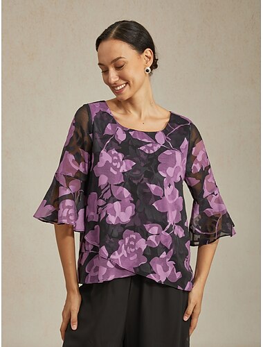  Dametopp med rund hals, svart, lilla, teksturert chiffon med trekvartlange ermer og rysjer i mansjett, lagdelt krysskant