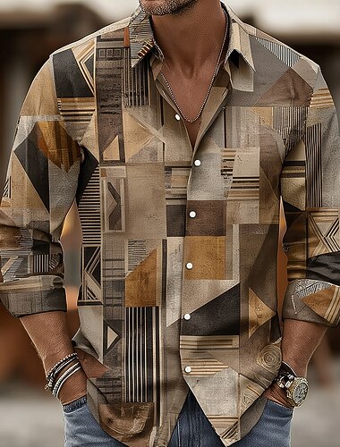  בגדי ריקוד גברים גיאומטרי קולור בלוק טלאים חולצה חולצה עם כפתורים שרוול ארוך רטרו וינטג' בָּחוּץ קזו'אל חגים אביב סתיו צווארון מתקפל הדפסת תלת מימד חולצות צווארון פול ורוד מסמיק סגול תלתן חאקי