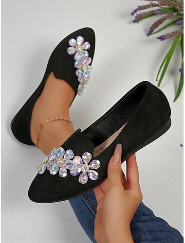  Sapatos femininos slip-on de camurça sintética preta com detalhes florais em strass – sapatos confortáveis e elegantes para festas e uso diário