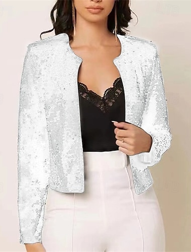  نسائي جاكيت كاجوال مريح متنفس ترتر موضة يوميا سهل الأماكن المفتوحة فضفاض مناسب للبس اليومي قصيرة نوع من غير طوق عادي كم طويل ملابس خارجية فضي الربيع الخريف