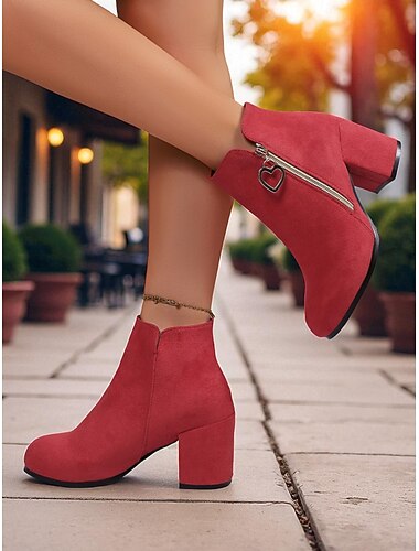  Rote Damen-Stiefeletten mit Blockabsatz und Herzanhänger – Stiefeletten aus Wildlederimitat mit Reißverschluss für Weihnachten und Verabredungen &lässige Alltagskleidung