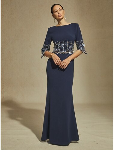  Femmes Robe maxi Robe Trompette Sirène Robe trapèze Élégant Fête Robes semi-formelles Soirée Coupe régulière Fleuri Demi Manches Col Bateau bleu marine Été Printemps Automne Hiver