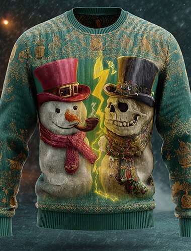  Stygg julegenser Herre Snømann Pullover genser Strikketøy Crewneck Fritid Feriereise Daglig Festival 3D-utskrift Hold Varm Langermet Høst Vinter Grønn 1# Grønn 2# Grønn