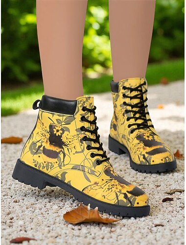  gele dames combat boots – veter enkellaarsjes met gele bijenprint en noppenzool voor streetwear en casual mode