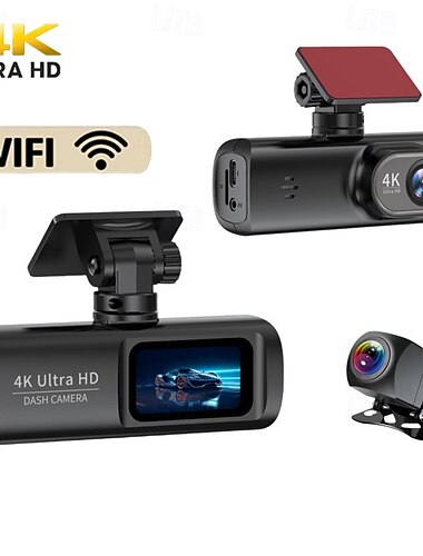  מצלמת דאש כפולה עם עדשות כפולות באיכות HD 4K קדמית ואחורית 1080p, קישוריות WiFi לנייד, DVR לרכב, הקלטת לולאה, מגיעה עם כרטיס זיכרון של 32 ג'יגה-בייט.