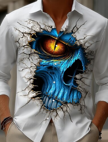  Halloween Homme Crâne Gros yeux Mur fissuré Chemise Chemise Boutonnée manche longue Style gothique sombre Fête Vêtements de rue Printemps Automne Col Rabattu Impression 3D chemises à col Rouge Bleu