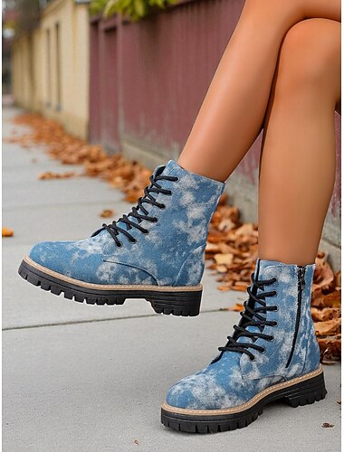  stivali da combattimento in denim da donna: stivaletti allacciati con cerniera laterale e suola carrarmato per abbigliamento casual e street style