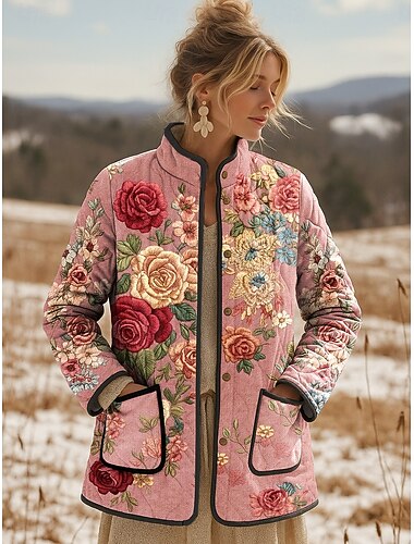  Жен. Зимняя куртка Стеганая куртка Сохраняет тепло Легкость С принтом Активный Винтаж Симпатичные Стиль Художественный Цветочный принт Повседневные Обычная Воротник-стойка Стандартный Длинный рукав