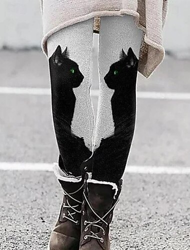 Dam Byxor Damasker Mysiga leggings Semester Vintage Streetwear Fullängd Naturlig Grafisk Katt Elastisk midja Mönster Bekväm Utomhus Elastisk Utomhus Semester Streetwear Mörkgrått Mörkgrå Svart Svart