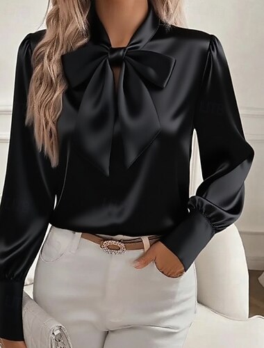  Damen Hemd Elegant Satin-Top Bluse Schleife Einfach Elegant Stilvoll Langarm V Ausschnitt Normale Oberteile Arbeit Ferien Ausgehen Schwarz Weiß Rosa Khaki Frühling Herbst