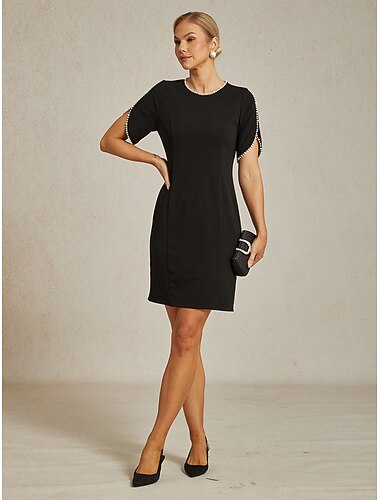 نسائي فستان قصير فستان شيث أنيق ضيف حفل زفاف حفلة ليلية حفلة كوكتيل لون الصلبة كم قصير رقبة عالية مدورة أسود الصيف الربيع الخريف   نسائي فستان قصير فستان شيث أنيق ضيف حفل زفاف حفلة ليلية حفلة كوكتيل لون الصلبة كم قصير رقبة عالية مدورة أسود الصيف الربيع الخريف