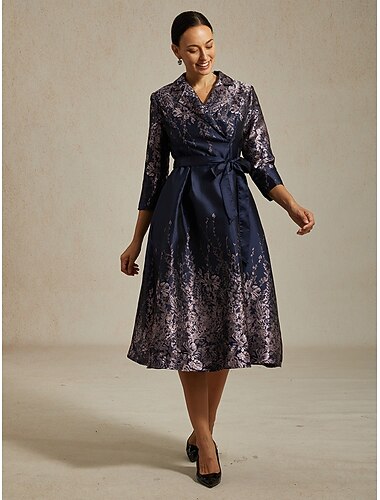 Per donna Abito Midi Tubino Elegante Compleanno Floreale Manica 3/4 Colletto a Camicia Blu marino Estate Primavera Autunno Inverno