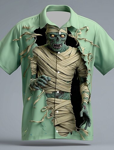  Halloween Homme Zombies Momie Mur fissuré Chemise Chemise Boutonnée Manche Courte Style gothique sombre Fête Vêtements de rue Été Printemps Col Rabattu Impression 3D chemises à col Vert Claire Vert