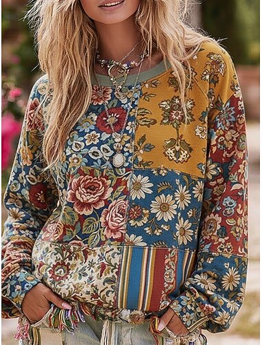  Per donna Pullover Felpe Floreale Vintage Streetwear Classico Manica Lunga Girocollo Top Regolari Abbigliamento Quotidiano Casuale Stampato Blu Primavera Autunno