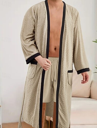  Homens Pijamas Roupa de Dormir Roupão Tecido Moda à moda Clássico Casa Diário De Cama Poliéster Conforto Macio Decote V Manga Longa Bolsos Cinto Incluso Primavera Outono Preto Branco