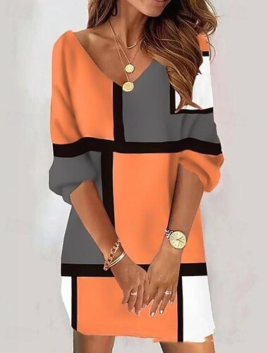  Femmes Mini Robe Robe fourreau Fête Occasionnel Boho Fête Coupe régulière Fleuri Abstrait manche longue Col en V Orange Printemps Automne Hiver