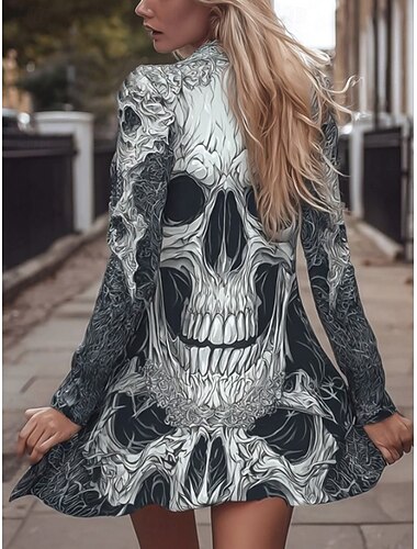  Halloween Női Kabát Könnyű Kényelmes Koponyák Nyomat Vintage Művészi Hétköznapi Koponya Hétköznapi Rövid Gallér nélküli Normál Illeszkedés Hosszú Ujjú Külsőruha Fekete Világosszürke Sötétszürke