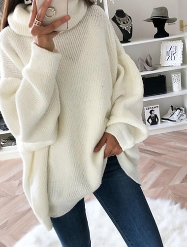  Women's Sweater Pullover Streetwear Casual Solid Color Turtleneck Knitted Long Sleeve Regular Tops Knit Daily Holiday Going out Black White Fall Winter