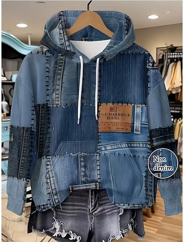  Mulheres Pulôver Moletom Com Capuz Patchwork Imprimir Bolso frontal Gráfico Geométrica Punk Ativo Vintage Manga Longa Com Capuz Tops regulares Rua Dia a Dia Azul Azul denim Fúcsia Azul Claro