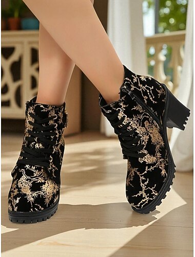  Γυναικεία μαύρα μποτάκια μέχρι τον αστράγαλο – χοντρά, ψηλοτάκουνα μποτάκια με χρυσό κέντημα και αγκράφα για πάρτι, βραδινές εξόδους και μοντέρνα streetwear