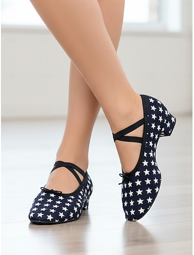  Sapatos de dança femininos com estampa de estrelas - calçados confortáveis de salto baixo para prática e performance em salão de baile