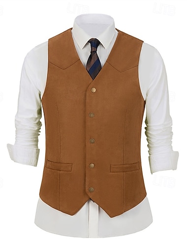  Herren Weste aus Wildlederimitat Weste Gilet Urlaub Party Geschäft Mode Lässig Frühling Herbst Tasche Knöpfe Polyester Bequem Einfach Einreihig Ein-Knopf V Ausschnitt Normale Passform Schwarz Wein