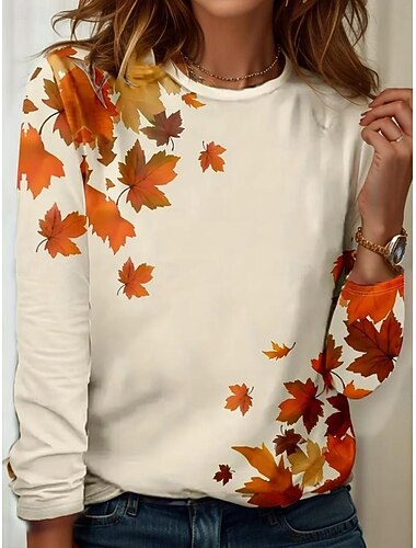  Naisten T-paita Kuvitettu Kasvit Vintage Tyylikäs Klassinen Pitkähihainen Tiukka pyöreä kaula-aukko Pyöreä kaula-aukko Tavalliset topit Päivittäin Painettu Musta maalarinvalkoinen Kevät Syksy Talvi