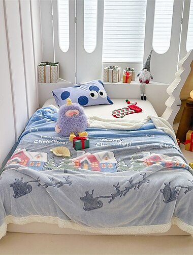  Pătură din fleece sherpa cu model de fulgi de zăpadă de Crăciun, pătură groasă și călduroasă în straturi, pătură confortabilă pentru canapea &pat, decor pentru casă de vacanță