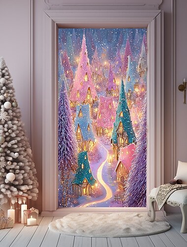  クリスマスドアカバー、色とりどりの冬のワンダーランドのシーン、キラキラした木々、2025年クリスマスのfestiveなライトとホリデードアカーテンの背景、クリスマスパーティーの屋内外デコレーションのために