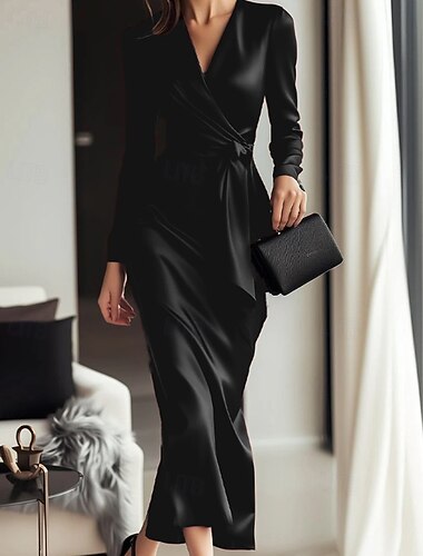  Női Midi ruha Party ruha Koktélruha Szatén ruha Elegáns Modern Parti Estély Normál Sima Hosszú ujj V-alakú Fekete Bor Ősz Tél