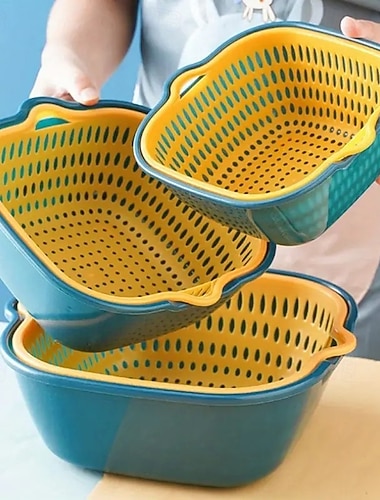  6 kpl kaksikerroksisia verkkosuodattimia – uudelleenkäytettäviä muovisia valutuskoria hedelmien ja vihannesten pesuun, keittiöväline, kotitalouskeittiötarvike