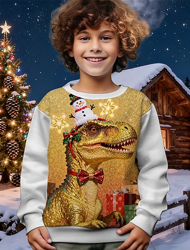  Jungen 3D Dinosaurier Schneemann Sweatshirt Langarm Frühling Herbst Mode Basic Kinder 4-12 Jahre Rundhalsausschnitt Outdoor Lässig Täglich Normale Passform