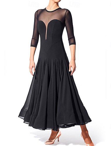  Dámské černé šaty na společenské tance s průsvitnými síťovanými rukávy a výstřihem do V, rozšířenou sukní, elegantní oblečení na latinskoamerické tance, tango a společenské akce