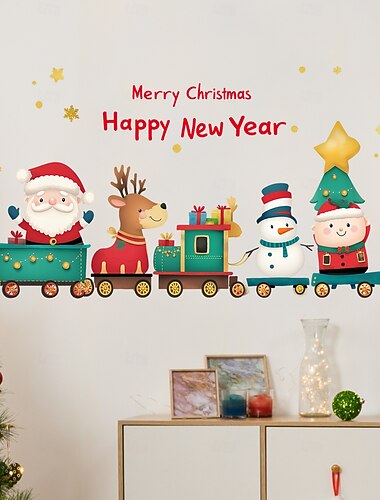  Juleklistremerker veggdekor tegneserie julenissen reinsdyr snømann tog avtakbar vinylmaleri feriefest soverom nattbord bakgrunn veggdekorasjon til jul festival hjem