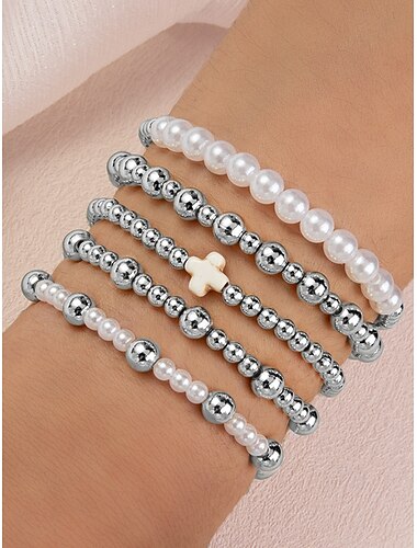  Damesparel- en gouden kralenarmbandset – 6 stuks stretch gelaagde kralenarmbanden, elegante mode-sieraden voor feesten, bruiloften en dagelijks gebruik