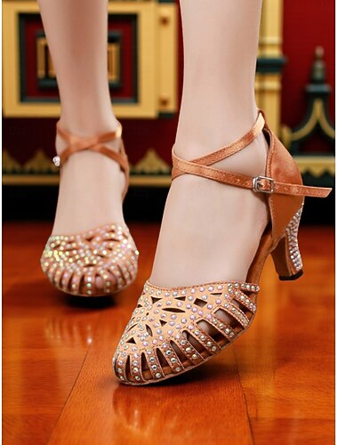  حذاء رقص لاتيني احترافي بحزام كاحل مرصع بأحجار الراين للنساء بكعب متوسط - مناسب لحفلات غاتسبي