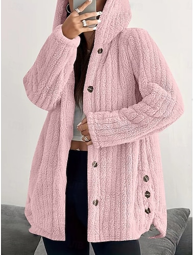  Dam Sherpajacka Bekväm Andningsfunktion Ficka Knappar Ledigt Slät Semester Gata Ledigt Dagliga kläder Enkelknäppt Lång Huva Lös passning Långärmad Ytterkläder Svart Rodnande Rosa Rubinrött Vår Höst
