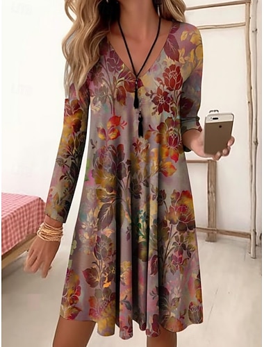  Damen Minikleid A Linie Kleid Lässig Täglich Normale Passform Blumen Karomuster Langarm V Ausschnitt Rote Blau Grau Frühling Herbst