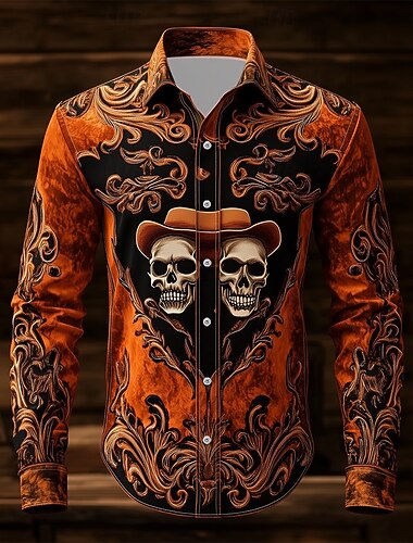 Per uomo Paisley Teschio Giorno dei Morti Camicia Camicia Western Camicia da cowboy Manica Lunga Vintage Retrò All'aperto Vacanza Primavera Autunno Collo ripiegato Stampa 3D Camicia tipo lino