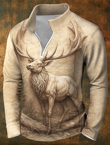  男性用 しか スウェットシャツ 3D 長袖 ファスナー 家 パーティー ワーク ストリートウェア ホワイト グリーン カーキ色 秋 オールシーズン デザイナー S M L XL XXL XXXL