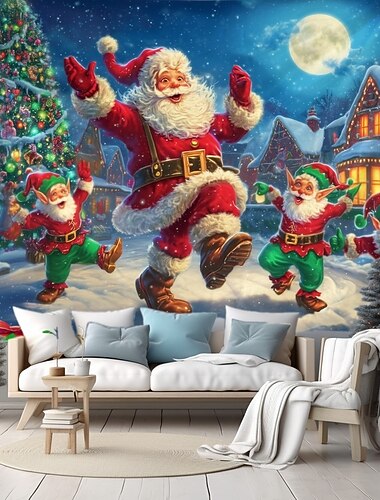  Fondo de tapiz navideño trineo volador de Santa Claus con renos bajo un cielo nocturno colgante navideño de maravilla invernal 2025 para dormitorio y salón