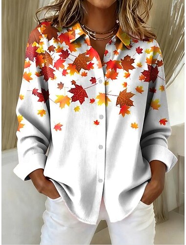  בגדי ריקוד נשים חולצה פרחוני גראפי וינטאג' טרופי יומי שרוול ארוך צווארון חולצה חולצות רגילות עבודה יומי לבוש רשמי כפתורים דפוס לבן כתום חום אביב סתיו