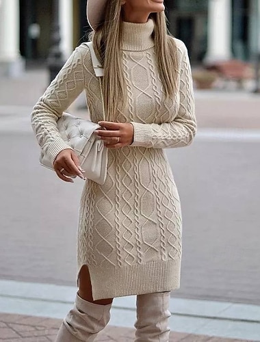  Damen Knielanges Kleid Pulloverkleid Lässig Party Normale Passform Einfarbig Langarm Rollkragen Schwarz Gelb Rote Khaki Frühling Herbst Winter