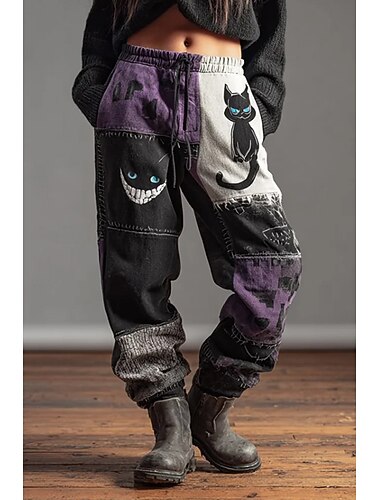  レディース クロップドパンツ ワイドレッグ ジョギングパンツ バケーション ビンテージ エスニックスタイル フルレングス ハイウエスト キャット ドローストリング パッチワーク プリント 速乾性 通気性 ソフト イナリゼ 形式的 アウトドア バケーション ブラック