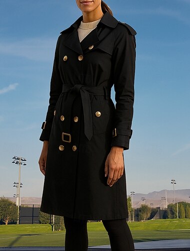  Dames Overjas met riem Dubbele rij knopen lange trenchcoat Klassiek Lange mouw Kleding Bovenlichaam Sportkleding Herfst Effen Katoen Winddicht Voor buiten Reizen Vakantie Sportkleding Sportkleding