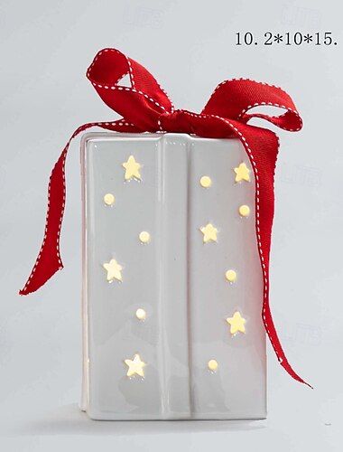  Christmas bow ribbon ceramic translucent pentagonal LED gift box decorative light indoor bedroom study dining room party desktop decoration light LR44 battery 11CM